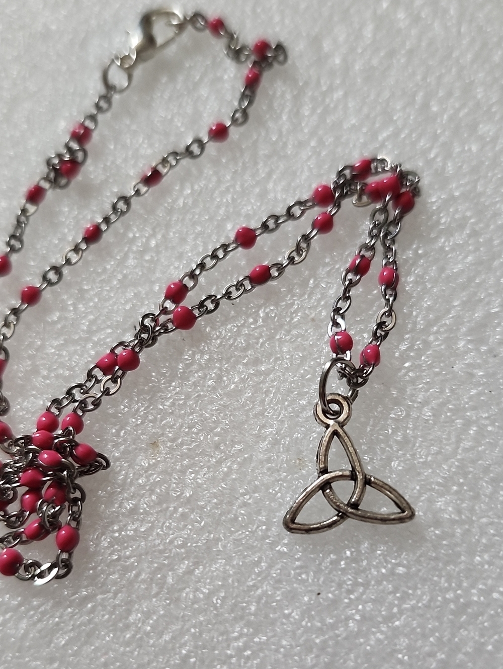 Hand Crafted Pink Beaded Trinity Knot Necklace with Silver Chain